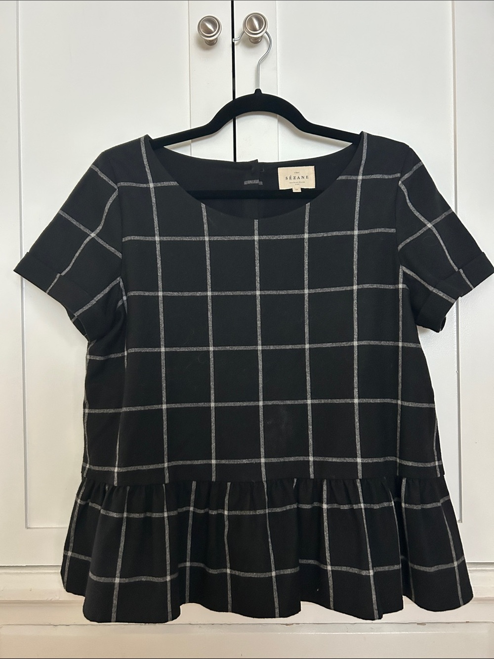Sezane Black and Gray Windowpane Peplum Top